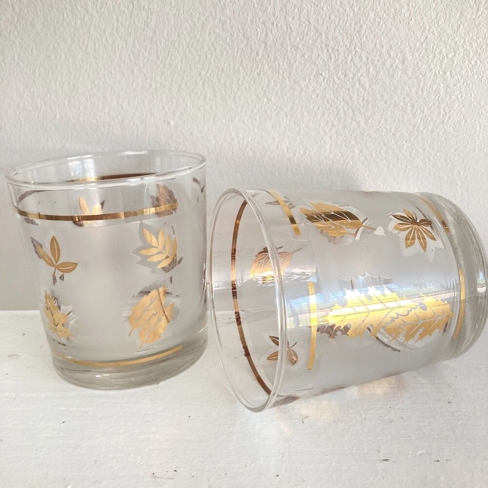 LIBBEY Vintage Golden Foliage Gold Leaf Highball Rocks Glass Tumblers Set of 2